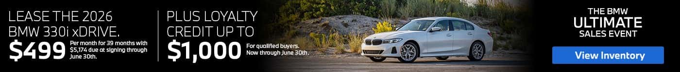Lease the 2026 BMW 330i xDrive at BMW of Freeport with loyalty credit available for qualified buyers in Freeport NY.