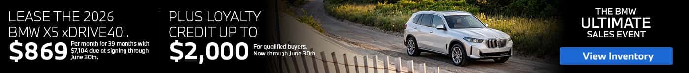 Lease the 2026 BMW X5 xDrive40i at BMW of Freeport with loyalty credit available for qualified buyers in Freeport NY.