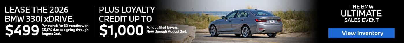 Lease the 2026 BMW 330i xDrive at BMW of Freeport with loyalty credit available for qualified buyers in Freeport NY.
