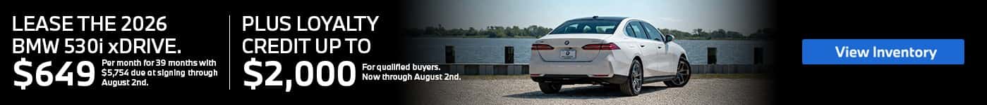Lease the 2026 BMW 530i xDrive at BMW of Freeport with loyalty credit available for qualified buyers in Freeport NY.