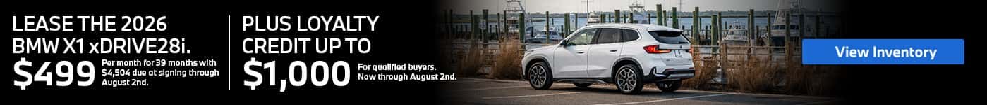 Lease the 2026 BMW X1 xDrive28i at BMW of Freeport with loyalty credit available for qualified buyers in Freeport NY.