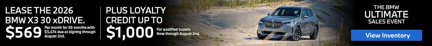 Lease the 2026 BMW X3 30 xDrive at BMW of Freeport with loyalty credit available for qualified buyers in Freeport NY.