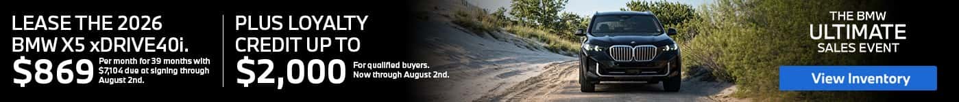 Lease the 2026 BMW X5 xDrive40i at BMW of Freeport with loyalty credit available for qualified buyers in Freeport NY.
