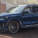 2021 bmw x7 blue exterior parked outside in a misty wooded area