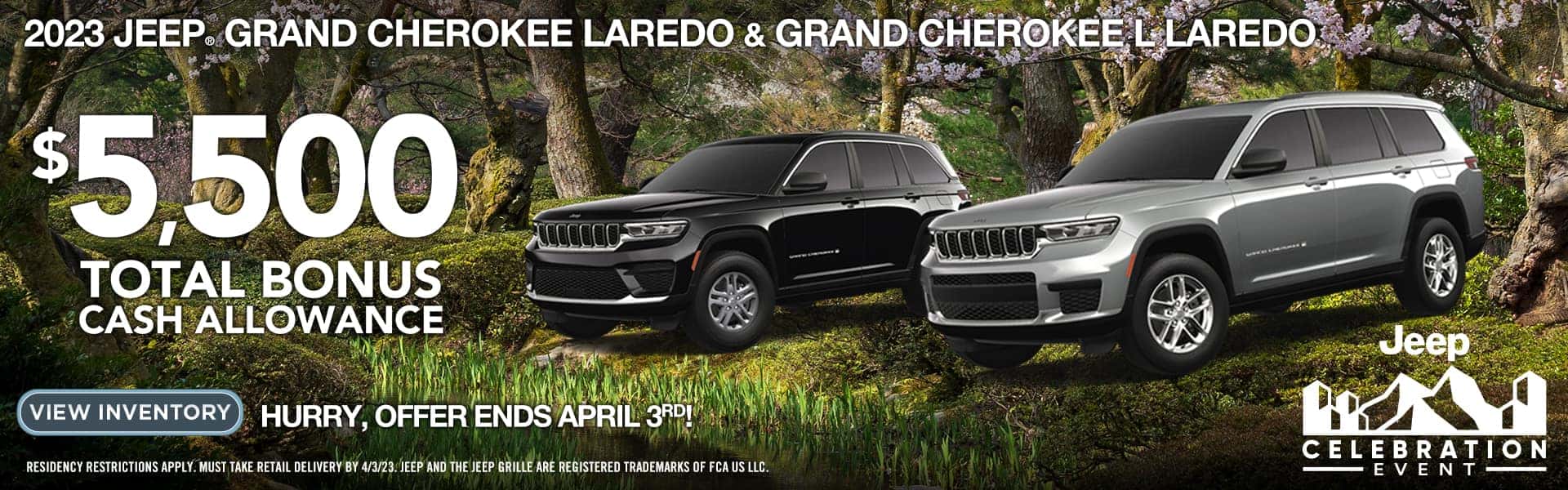$5,500 total bonus cash allowance on 2023 Jeep Grand Cherokee & Grand Cherokee L Laredo