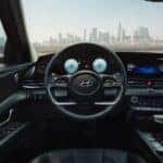 interior view of the steering wheel, infotainment system and dashboard in the 2025 Hyundai elantra for sale in Waukesha, WI