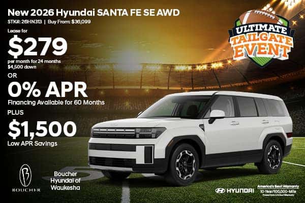 Lease a new 2026 Hyundai Santa Fe SE AWD for $279/mo or get 0% APR PLUS $1,500 Low APR Savings