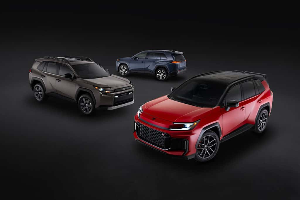 2026 Toyota GR Sport, Limited, and Woodland together parked showing off the 2026 Toyota family
