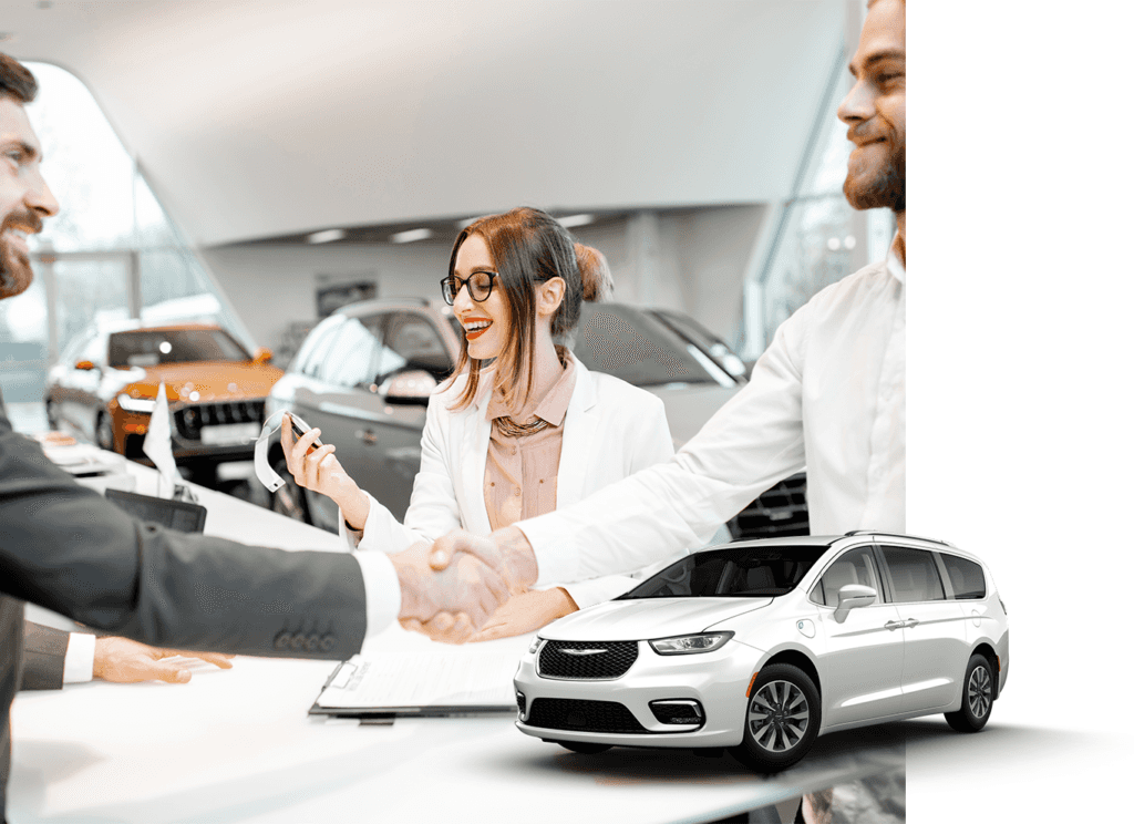 Best Time To Buy At Carolina CDJR in Elizabeth City, NC | 2022 Chrysler Pacifica in the color white with a background photo of customer shaking hands with sales person on car deal