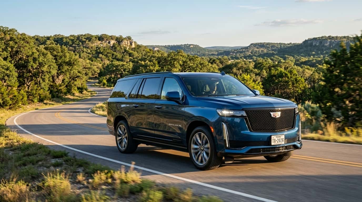 2026 Cadillac Escalade IQL with a three-quarter front driving on hill country road in Austin Texas