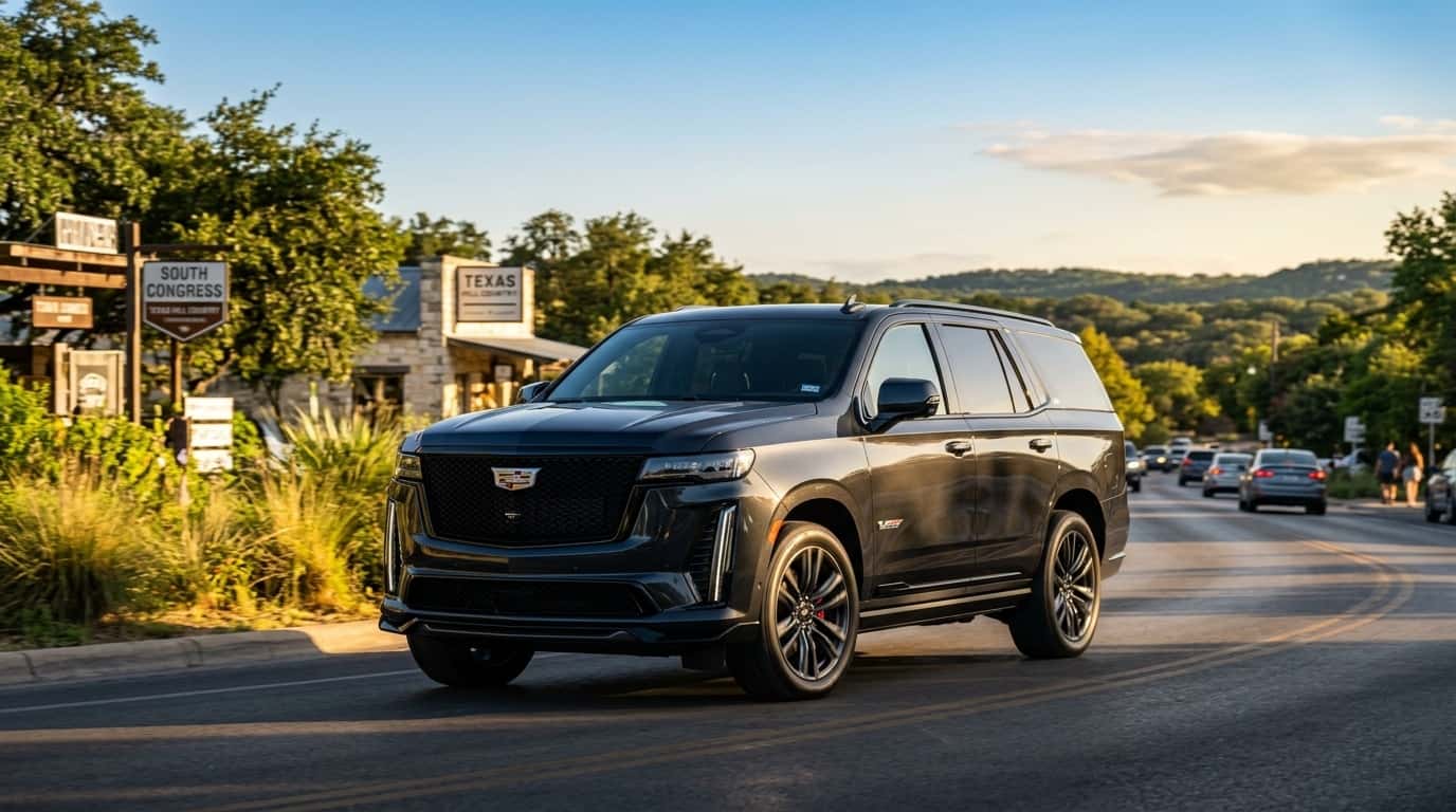 2026 Cadillac Escalade-V three-quarter front view on austin roads
