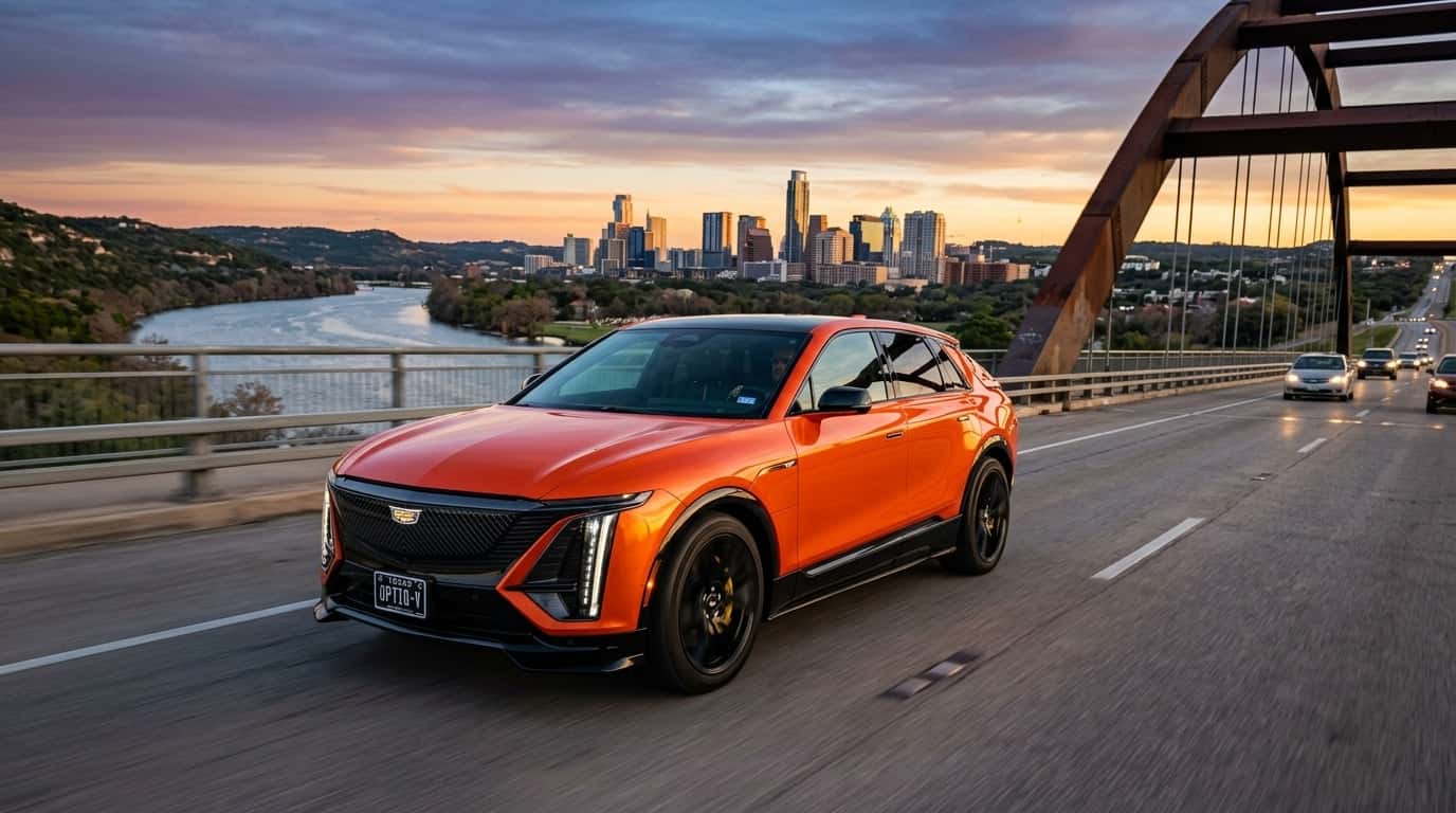 2026 Cadillac OPTIQ-V V-Series front side view on road in the Austin