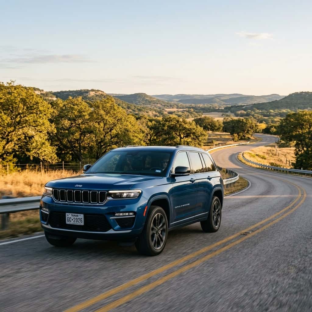 2026 Jeep Grand Cherokee front view on a winding road in Austin Texas Hill Country