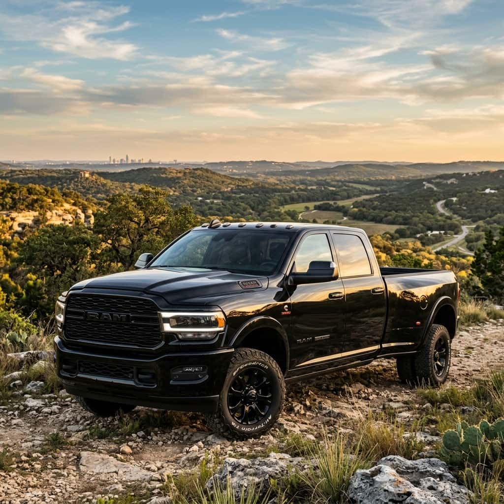 2026 Ram 3500 heavy-duty dually truck parked on a scenic ridge overlooking the rolling Texas Hill Country near Austin low-angle three-quarter view