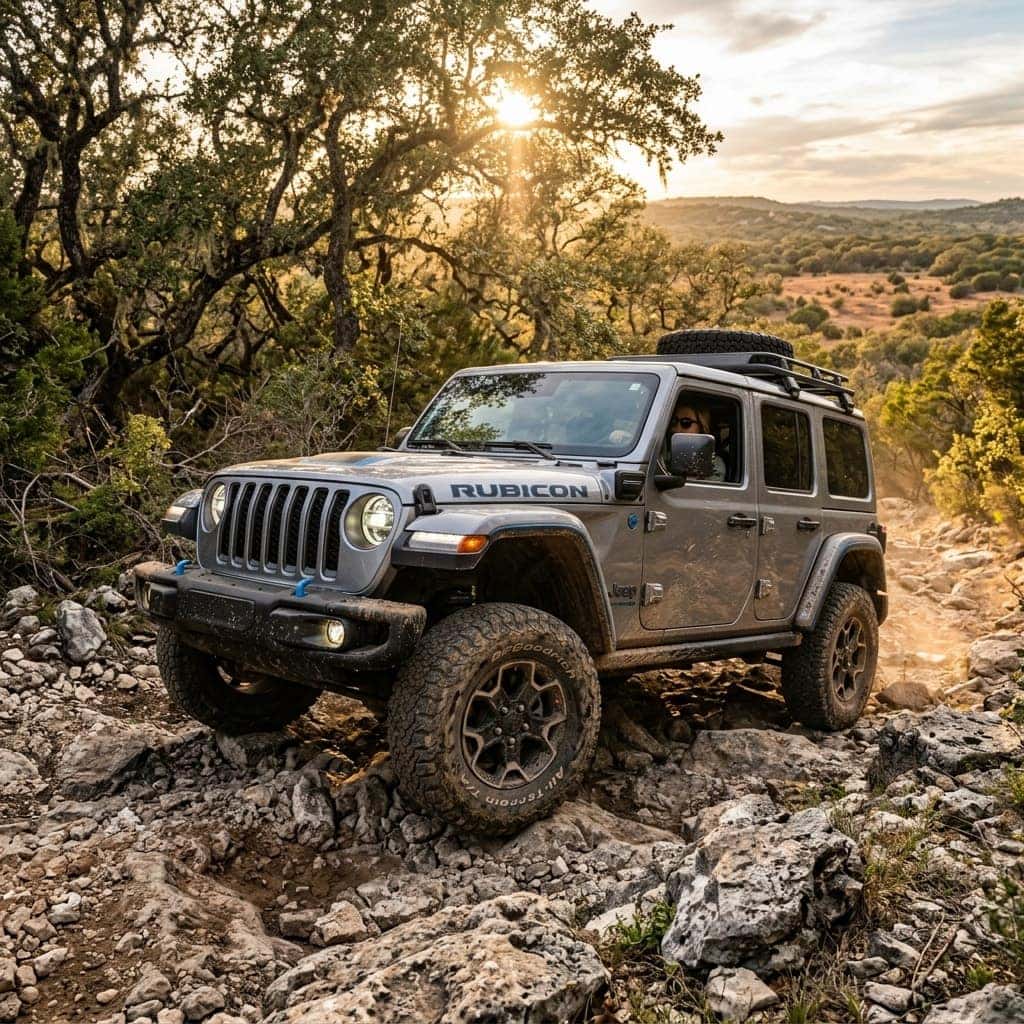 2027 Jeep Wrangler concept navigating a rugged limestone trail in the Austin Texas Hill Country