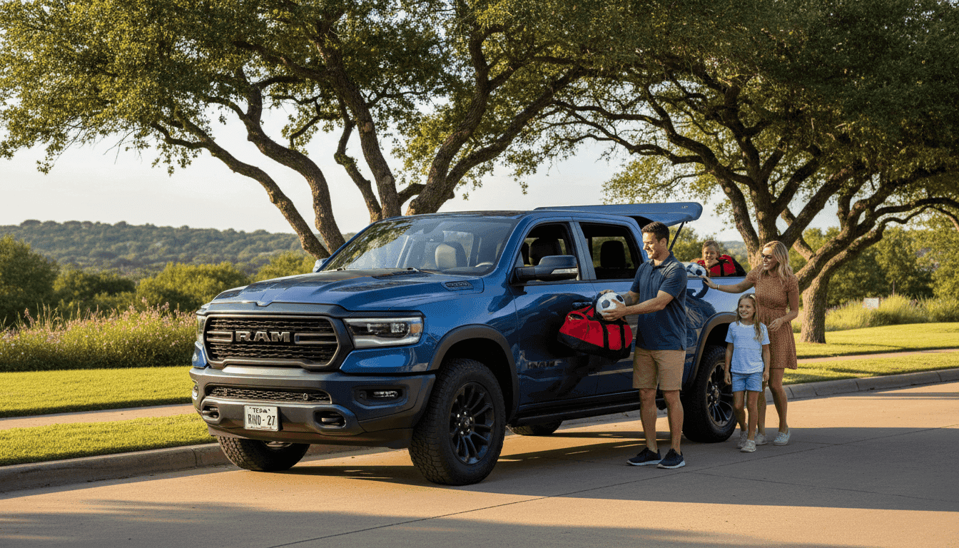 2027 Ram 1500 RHO concept parked on an austin tx street near a wooded family park