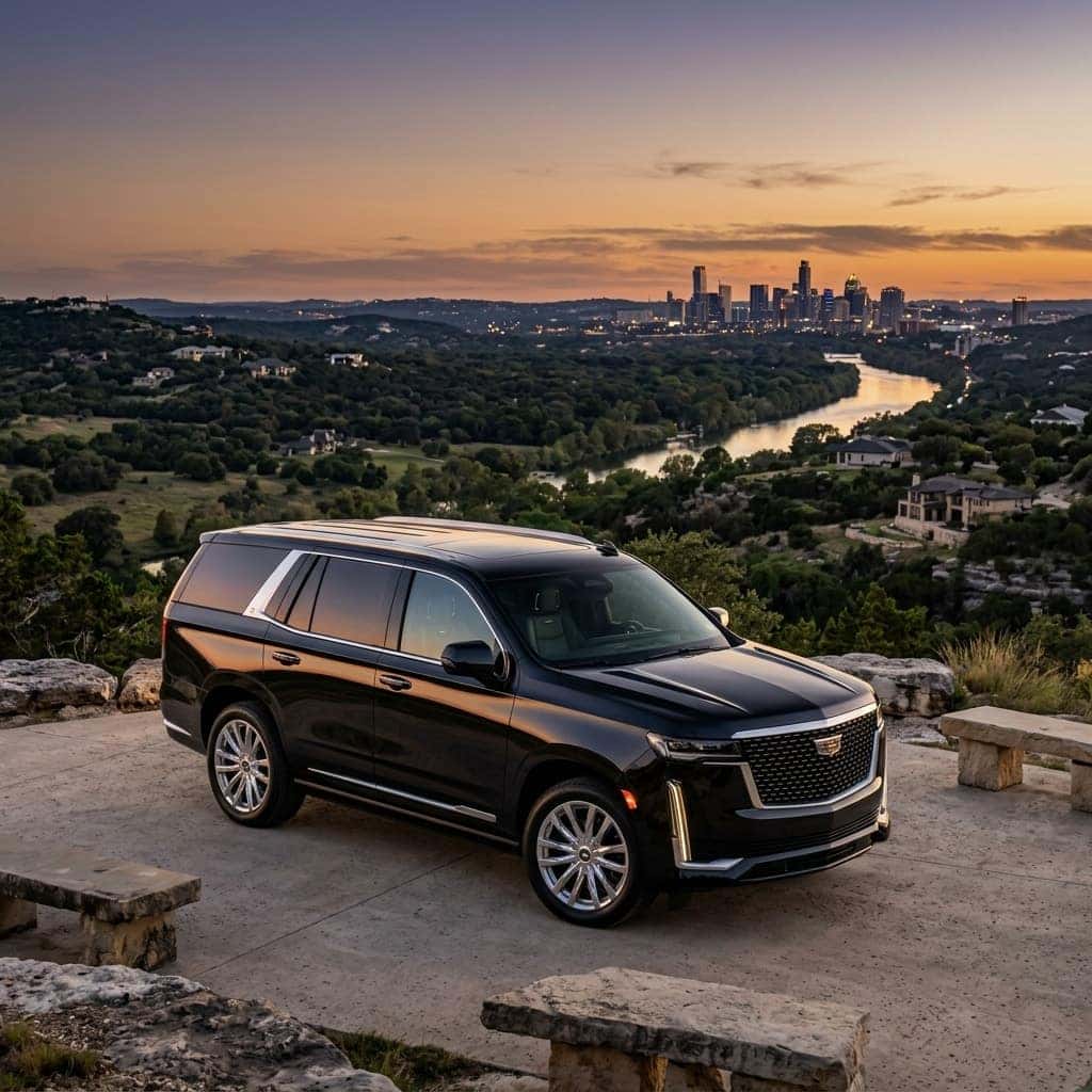 Side view angle of a new concept 2027 Cadillac Escalade parked overlooking austin texas skyline