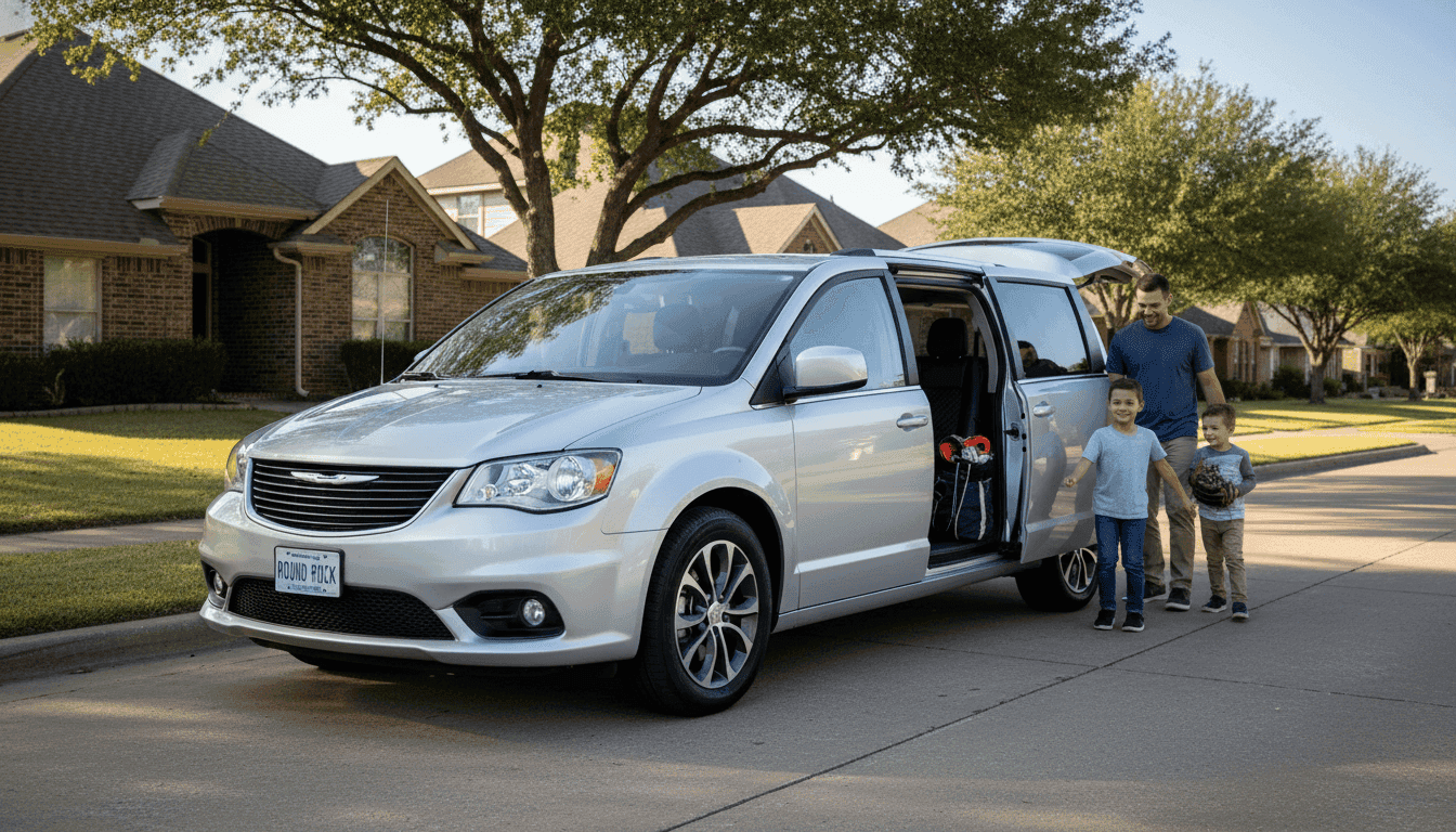 concept 2027 Chrysler Grand Caravan in austin family street in front of suburban home