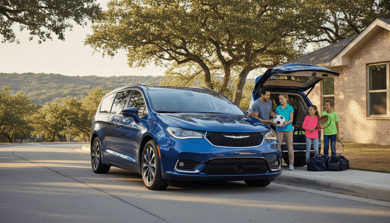 concept 2027 Chrysler Pacifica Plug-in Hybrid parked in austin tx neighborhood