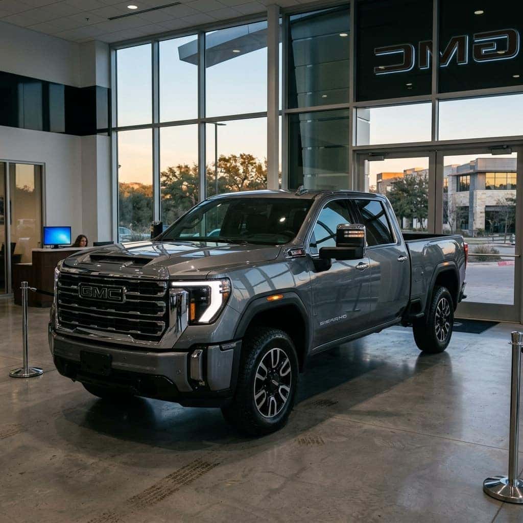 concept 2027 GMC Sierra 2500HD pickup truck parked at austin gmc dealer showroom