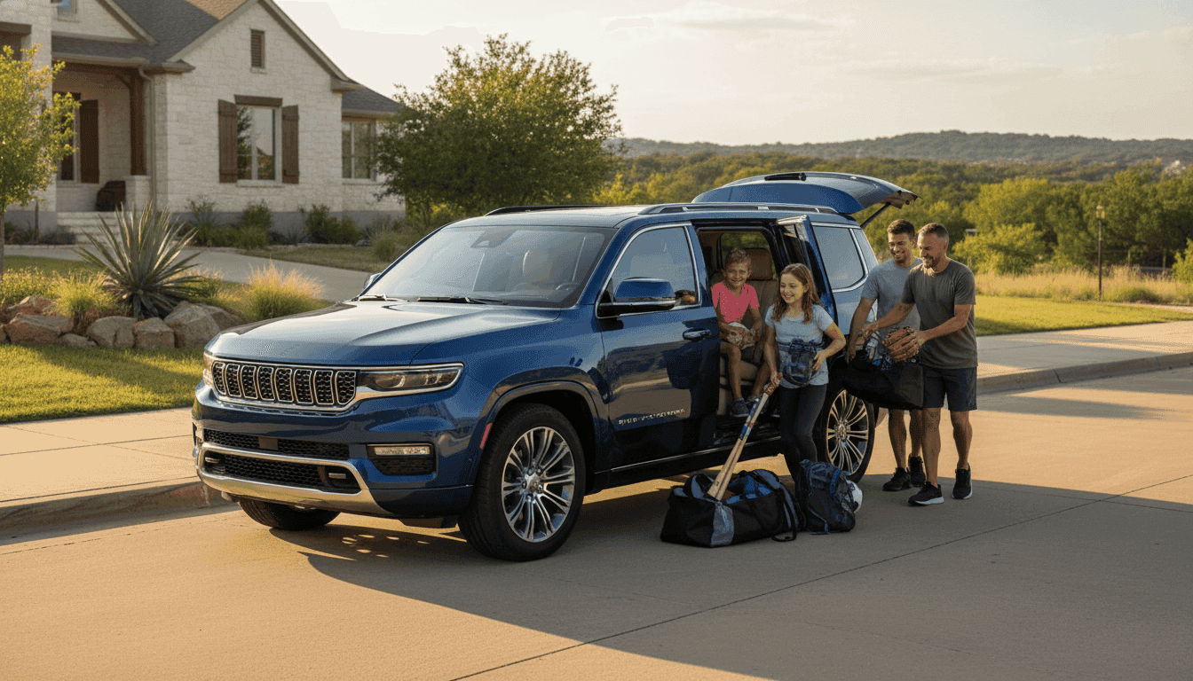 concept 2027 Jeep Grand Wagoneer parked in a family neighborhood in austin tx