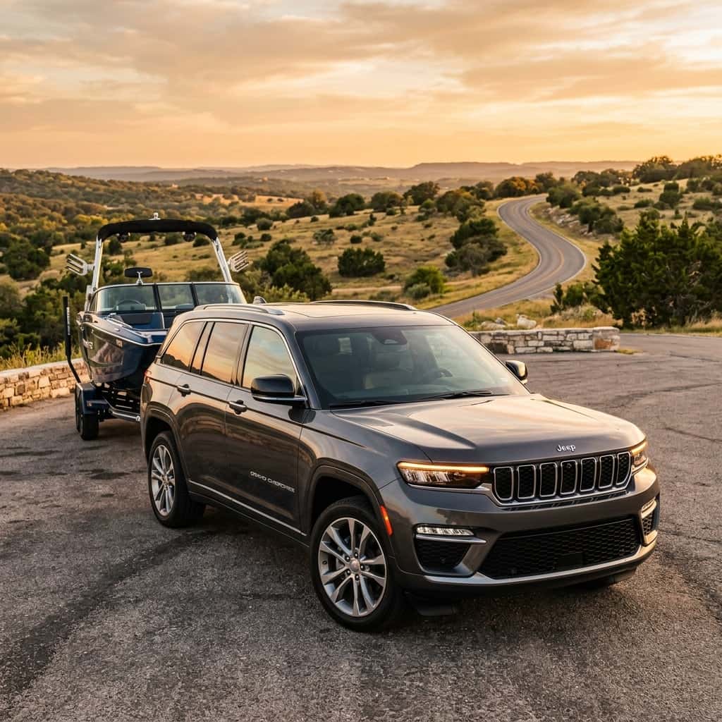 2026 Jeep Grand Cherokee towing a boat to lake travis austin tx