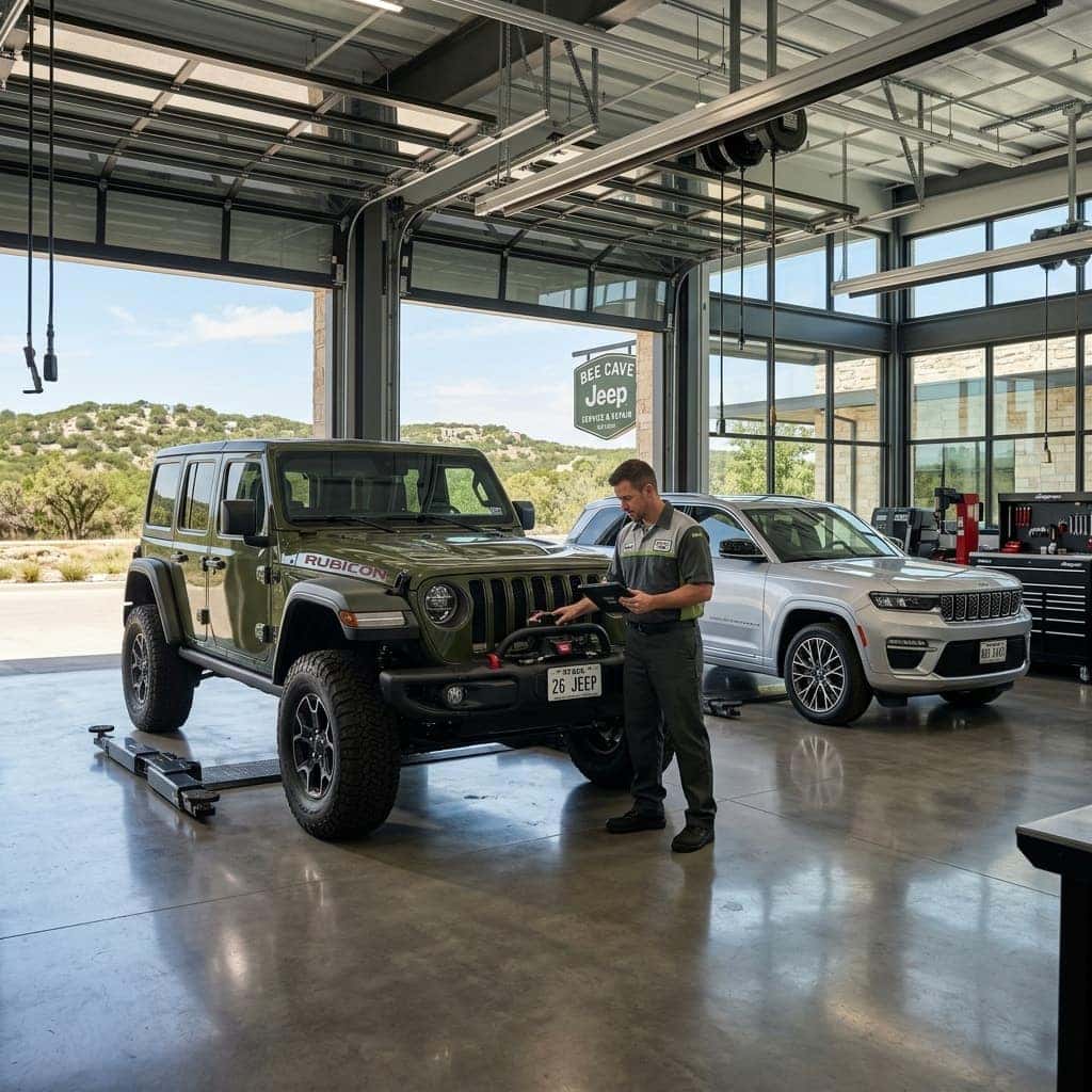 Jeep wrangler on service bay at covert jeep bee cave