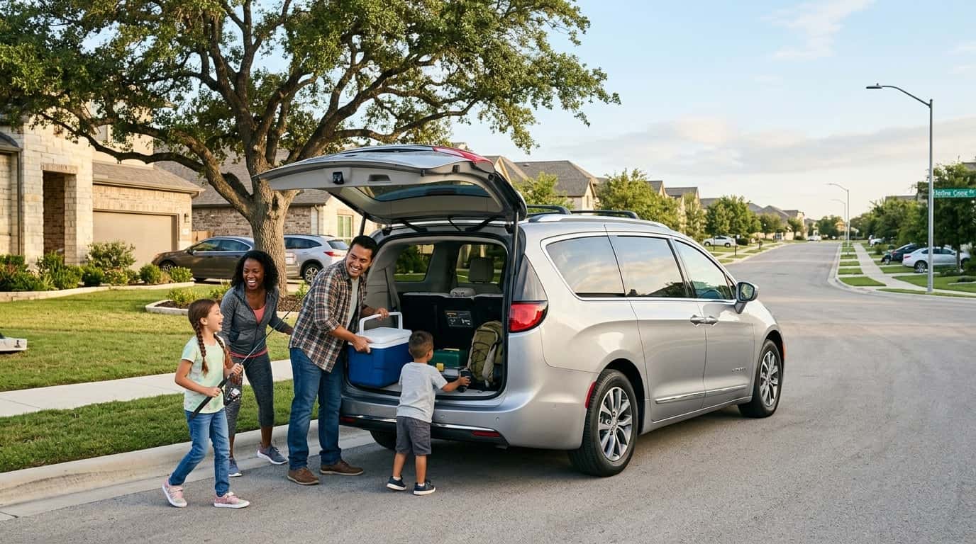 2026 Chrysler Grand Caravan SXT parked on a suburban street in Austin Texas