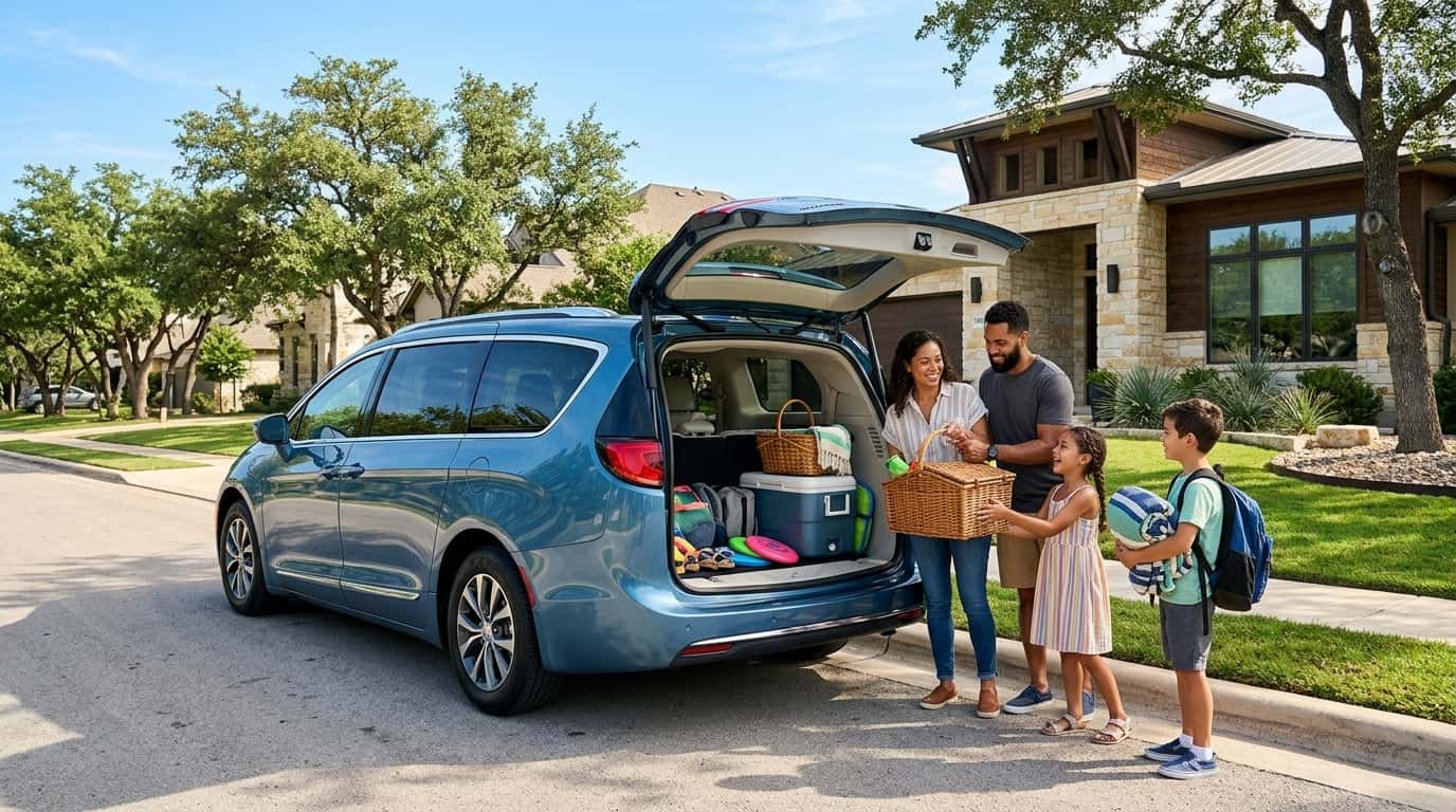 2026 Chrysler Pacifica Plug-in Hybrid minivan in metallic blue is parked curbside in front of a contemporary suburban Austin area home