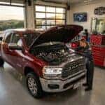 2026 RAM 2500 HD inside a diesel service bay in Austin where a mechanic repairs the 6.7L Cummins Turbo Diesel engine