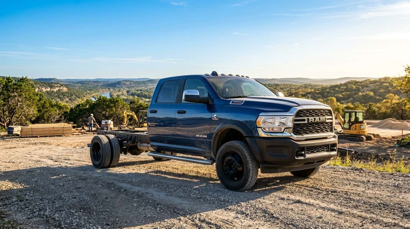 2026 Ram 4500 Chassis Cab flat bed crew cab fron side view at construction site in austin texas