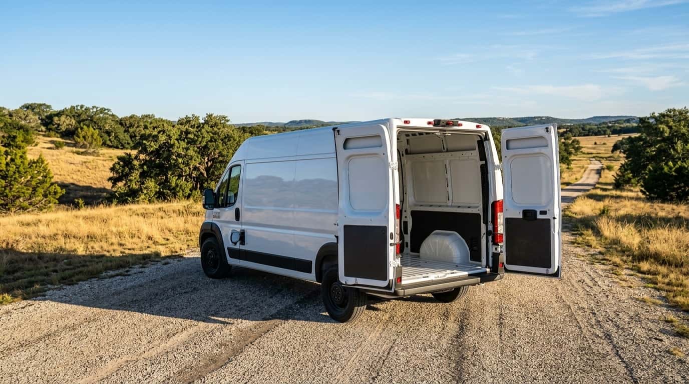 back side view of storage and cargo in a 2026 Ram ProMaster EV For Sale on ranch in Austin