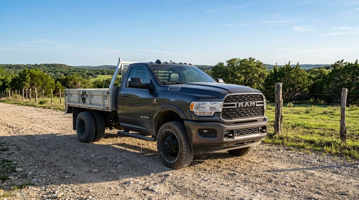 dark grey 2026 Ram 3500 Chassis Cab front side angle view on a ranch in Austin texas