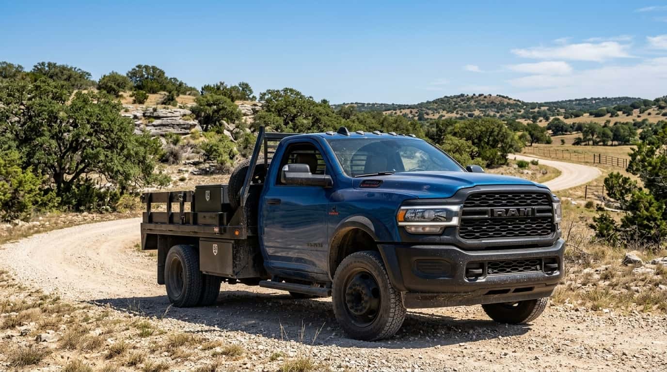 front side view of a blue 2026 Ram 5500 Chassis Cab on dirt road in austin texas hill country