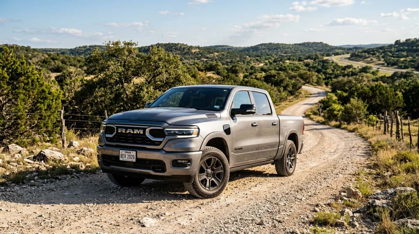 grey 2026 Ram 1500 REV front angle view on dirt road in Austin