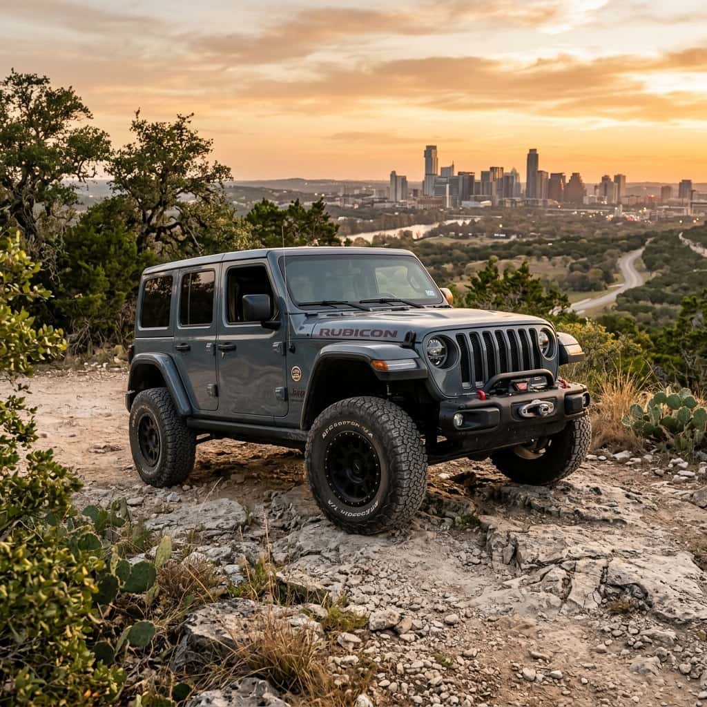 grey Jeep Wrangler Unlimited parked overlook in the Texas Hill Country