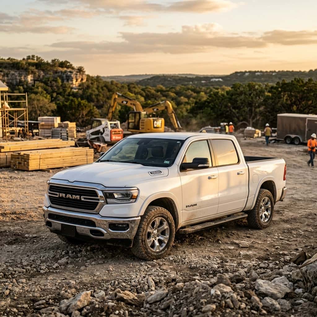 white used Ram 1500 Big Horn work truck parked on a rugged construction site in austin texas