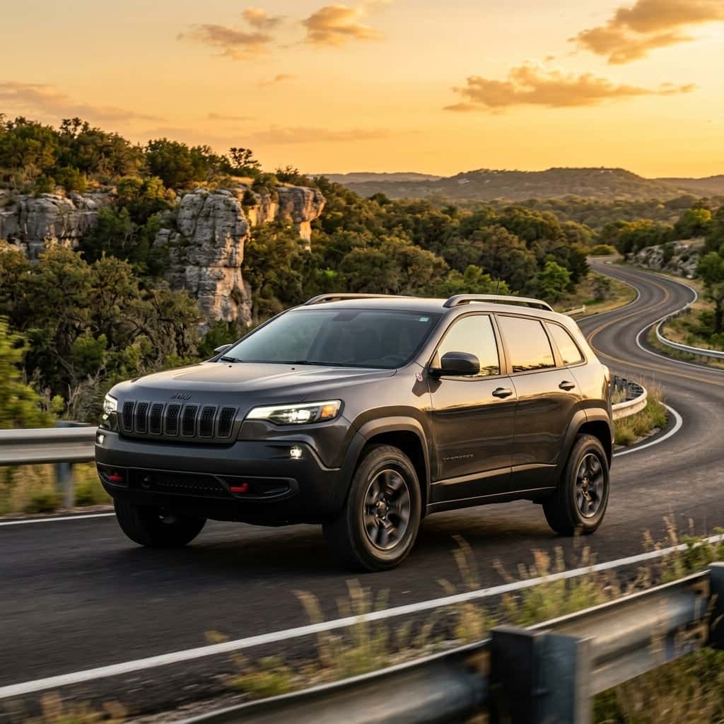  2026 Jeep Cherokee  driving on an Auatin TX road in the Hill Country