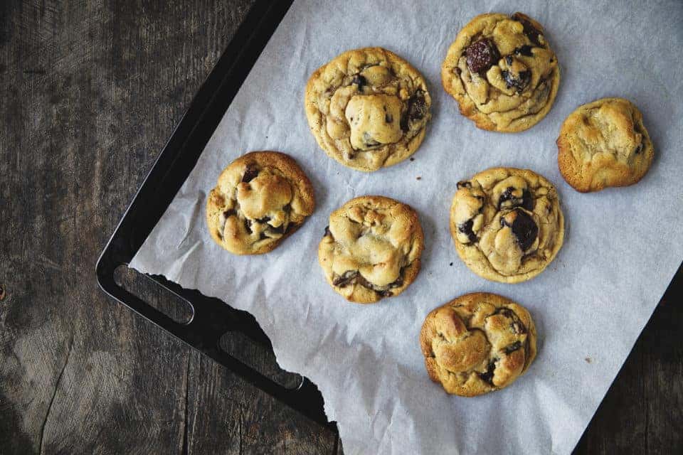 Freshly Baked Chocolate Chip Cookies on Baking Sheet