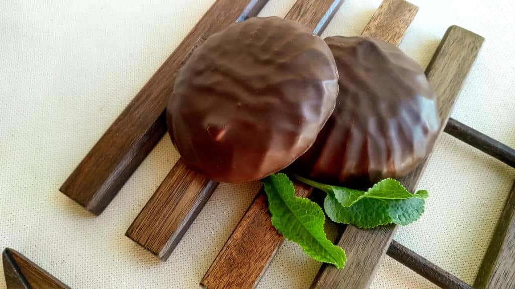 Horizontal image of the two chocolate glazed zephyrs marshmallow on the wooden board. Sweet unhealthy food, delicious yummy dessert from milk, eggs covered with brown chocolate glaze with green leaves. Tasty candy sweets.