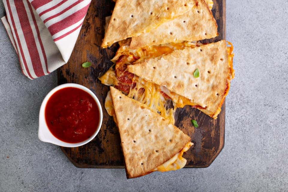 Pizza quesadilla with marinara sauce