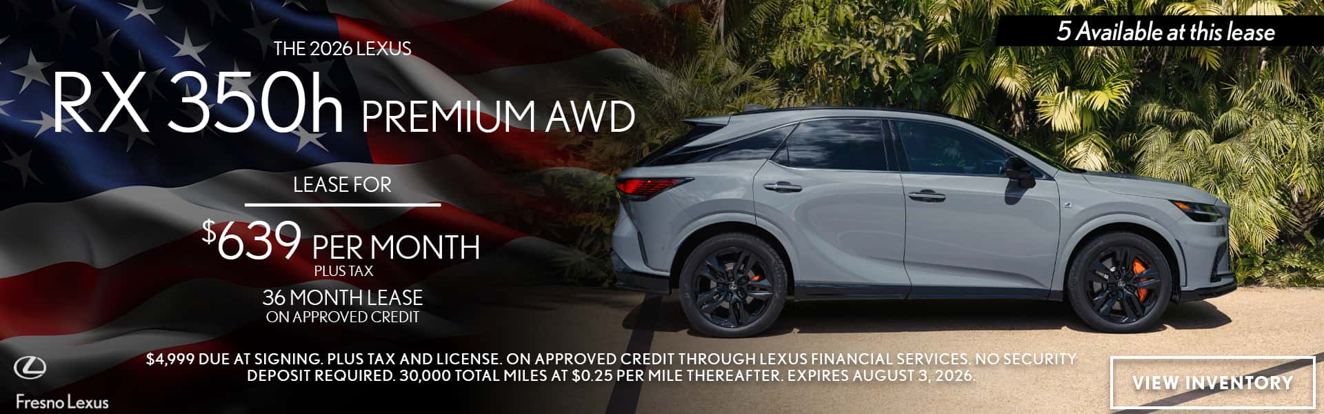 2026 Lexus RX 350h Premium AWD Lease for $639 for 36 months with $4,999 Due at Signing 5 Available at this Lease