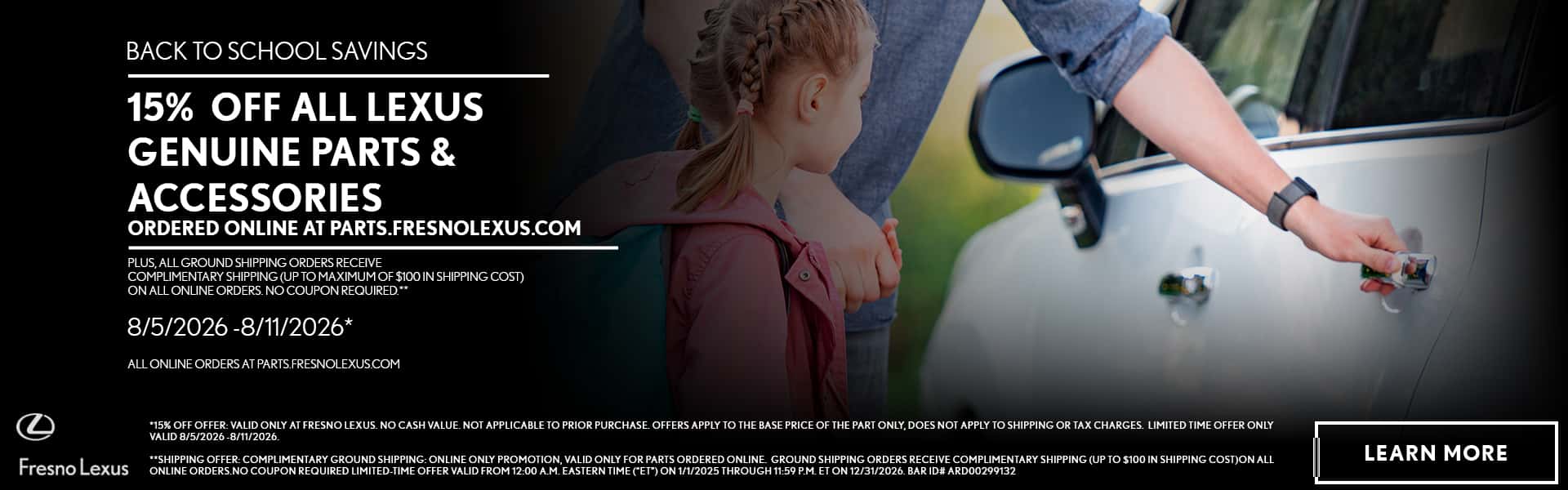 Back to School Savings 15% OFF ALL LEXUS GENUINE PARTS & ACCESSORIES 8/5-8/11