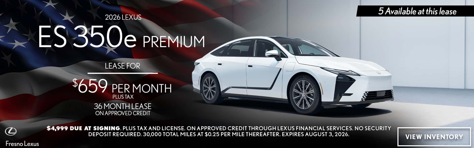 All-New 2026 Lexus ES 350e Premium Lease for $659 for 36 months with $4,999 DAS
