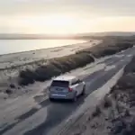 2026 Volvo XC90 driving along a coastal road at sunrise, showcasing winter-ready performance and safety features for Bristol, TN drivers.