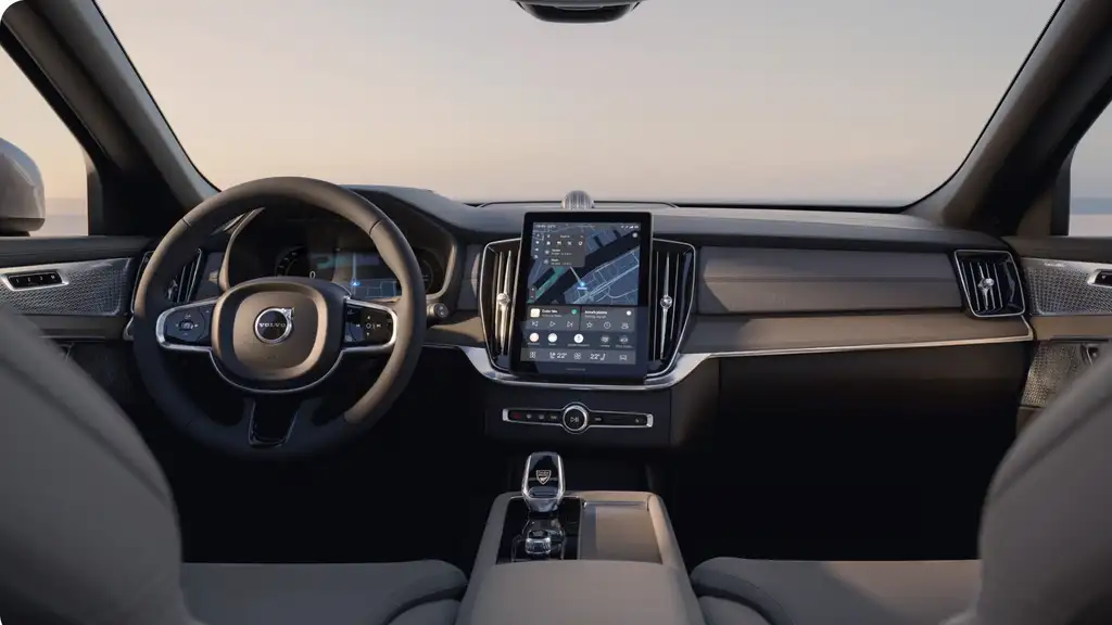 2026 Volvo XC90 digital infotainment and connectivity system with vertical touchscreen, navigation display, and modern driver controls