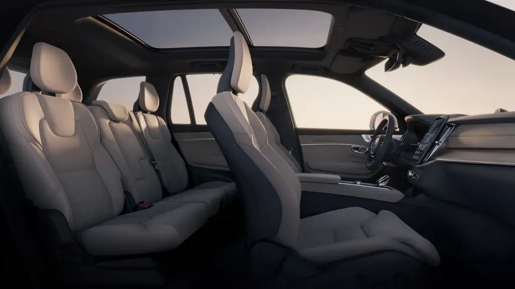2026 Volvo XC90 interior seating layout showing spacious three-row cabin, premium materials, and panoramic sunroof