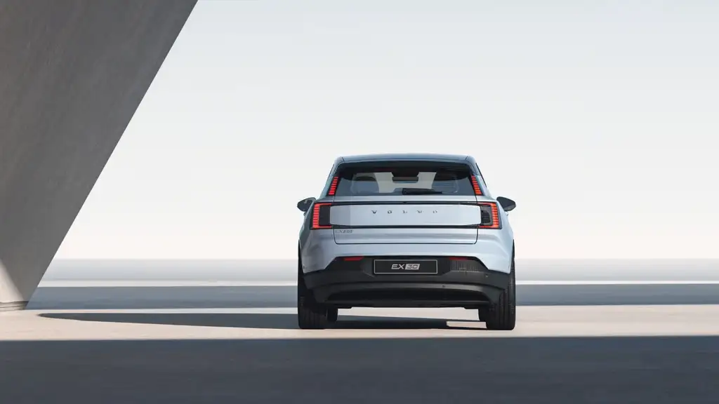 Rear view of the 2026 Volvo EX30 electric SUV showcasing aerodynamic body design and signature Volvo LED tail lights.