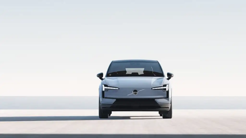 Front view of a 2026 Volvo EX30 electric SUV parked near Kingsport, TN, highlighting sleek lighting design and modern EV styling.