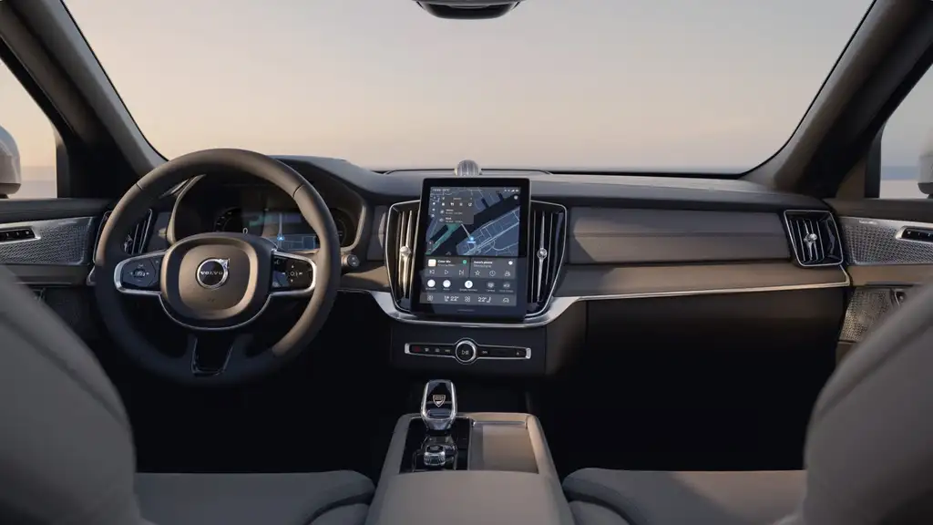 Interior view of the 2026 Volvo XC90 Plug-in Hybrid showing spacious cabin layout, digital infotainment screen, and premium seating design.